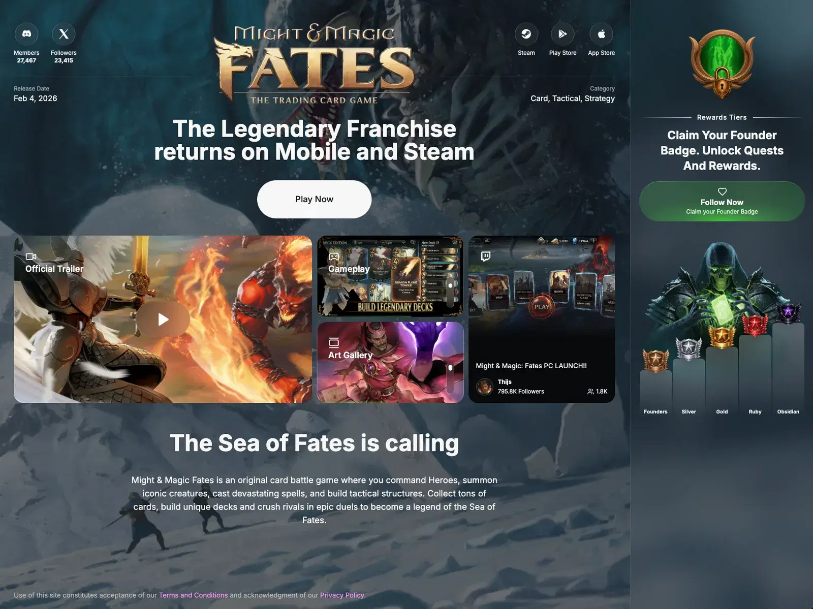 The Might & Magic: Fates game page on Immutable Audience, showing the trailer, gameplay tiles, and the quest onboarding panel.