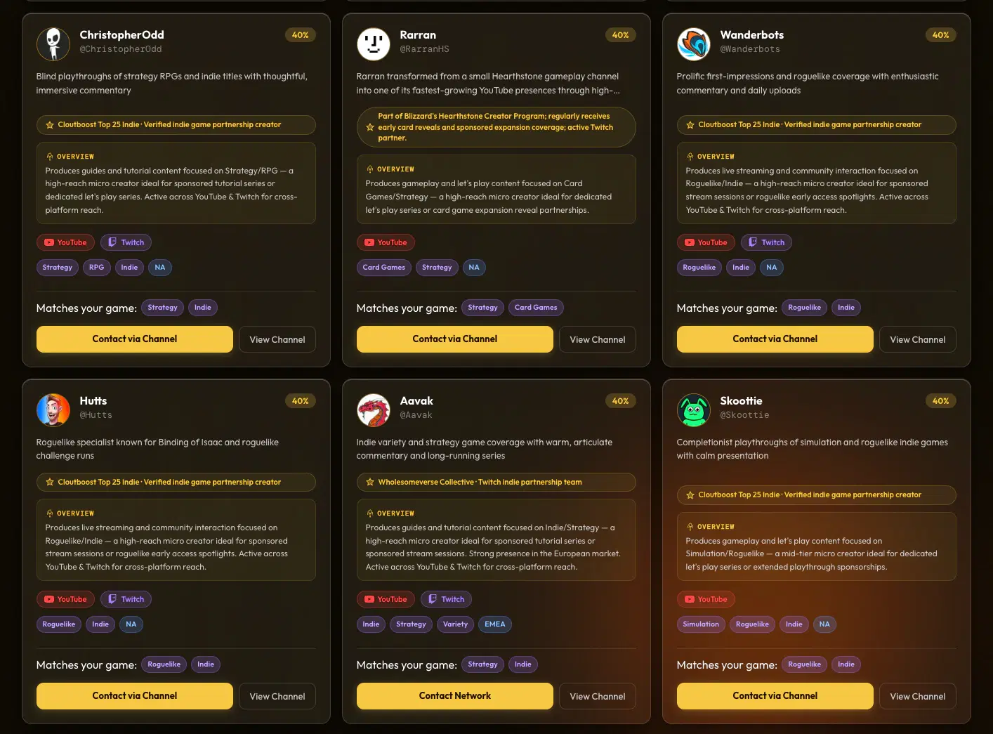 Free gaming creator tool showing filterable creator cards with genre tags, platform, and match scores