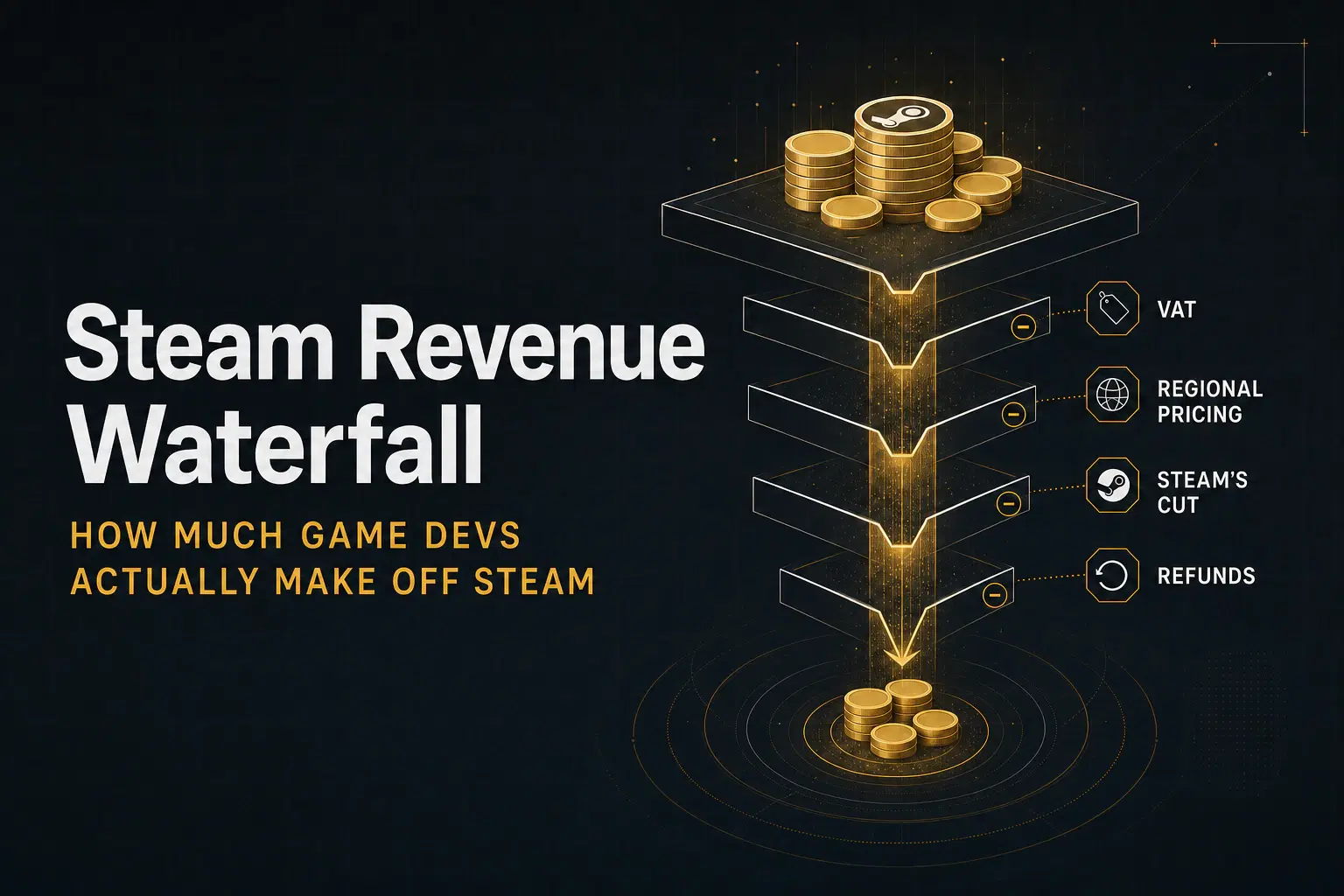 Steam Revenue Waterfall diagram: revenue flowing downward through four stacked deduction layers labeled VAT, Regional Pricing, Steam's Cut, Refunds, ending in a smaller gold coin pile at the base