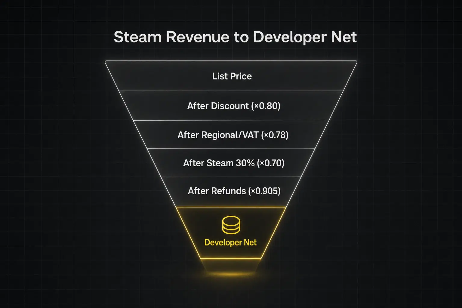 Funnel diagram with five deduction stages narrowing top to bottom: list price, after discount, after regional/VAT, after Steam's 30%, after refunds, ending at developer net.