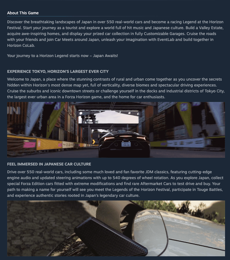 A Steam 'About This Game' below-the-fold section with headers, in-text screenshots, and feature descriptions