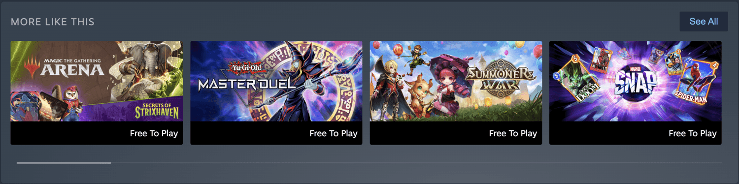 Steam 'More Like This' carousel showing comparable card and strategy titles