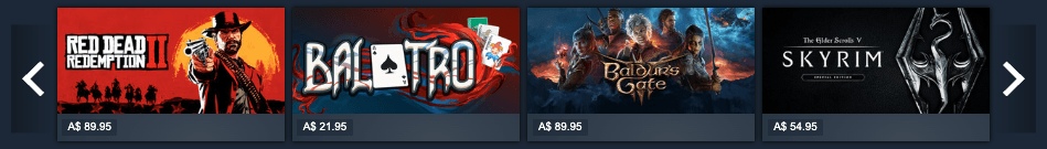 A Steam New Releases row showing several game capsules with prices