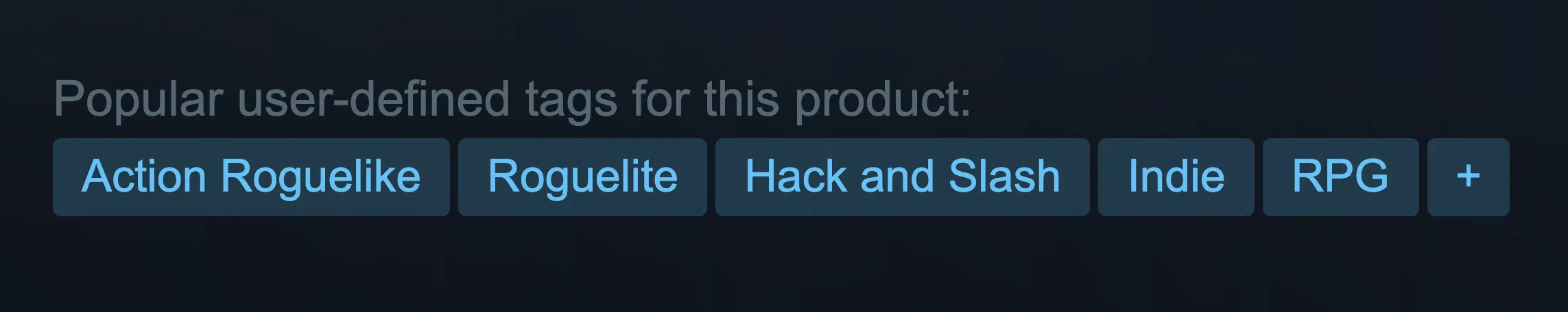 Popular user-defined tags on a Steam store page: Action Roguelike, Roguelite, Hack and Slash, Indie, RPG