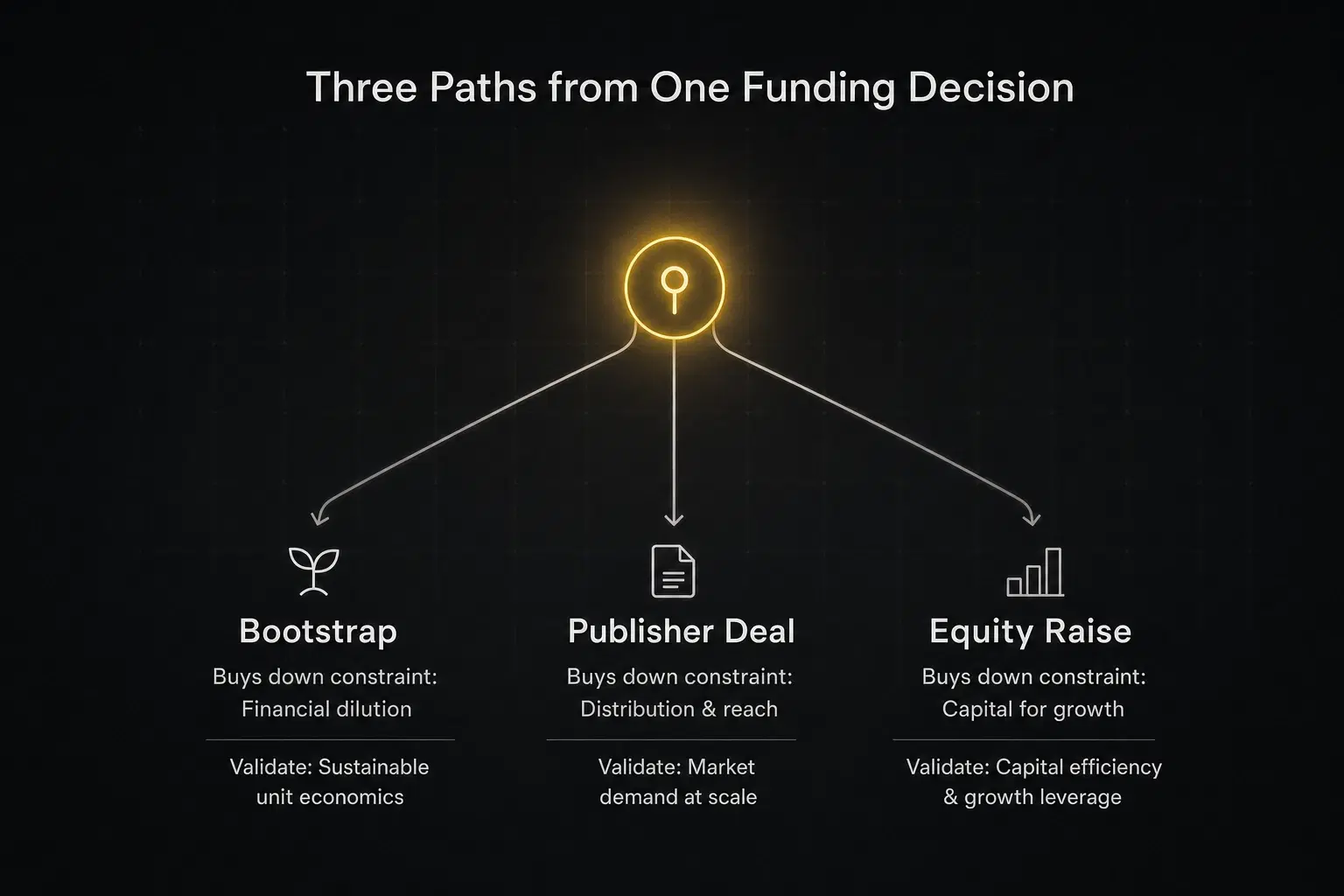 Three diverging paths from a single funding decision: bootstrap (buys financial control), publisher deal (buys distribution and reach), and equity raise (buys capital for growth), each with a corresponding validation question