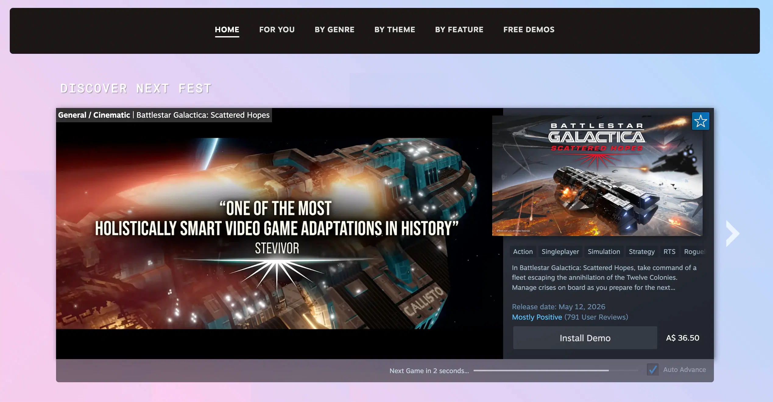 Steam Next Fest event page showing organic discovery carousels organised by genre and player taste