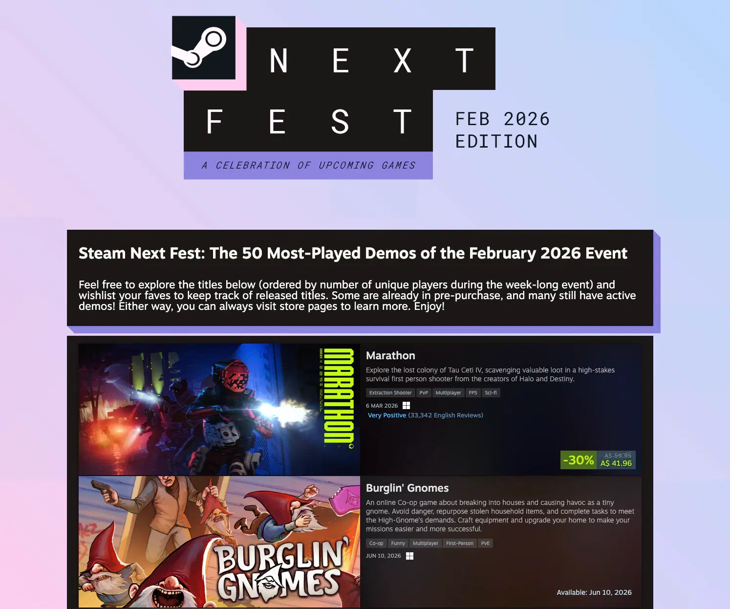 Screenshot of Steam Next Fest Top Demos page showing the top 50 games ranked by unique players