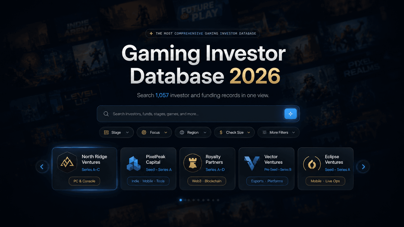 Gaming Investor Database 2026 with search and filters for 1,057 investor and funding records