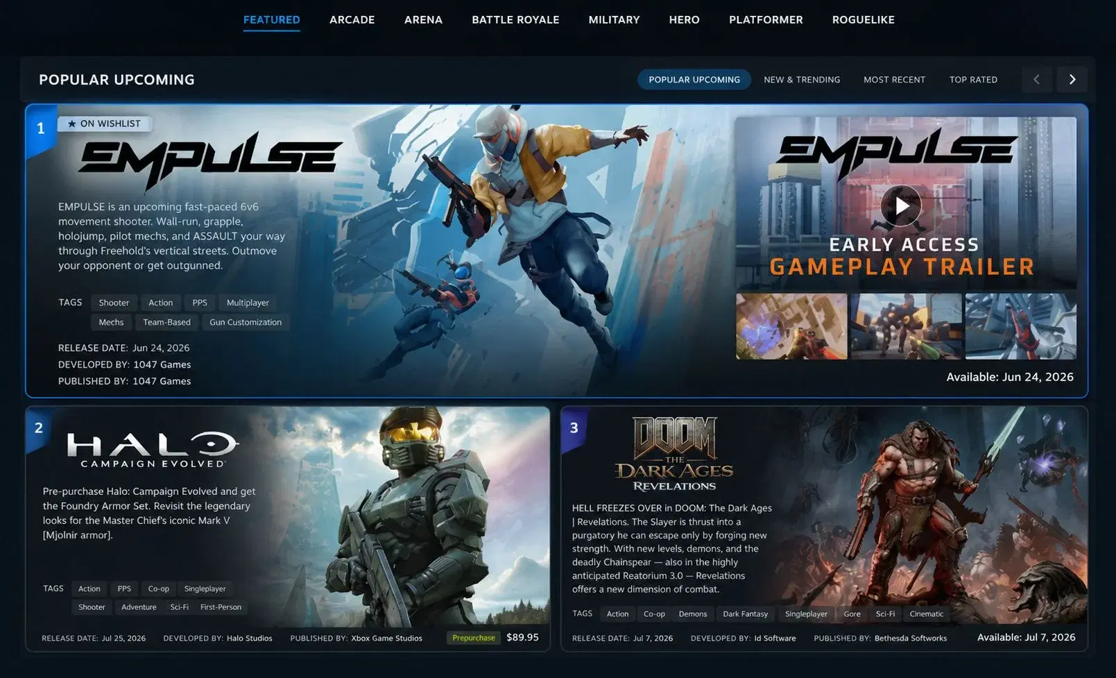 Steam's Popular Upcoming chart with Empulse in the number one position ahead of two major AAA releases