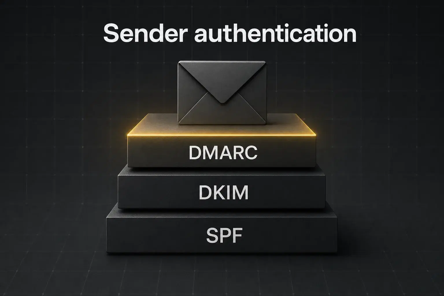 Sender authentication stack: SPF, DKIM and DMARC layered under an email