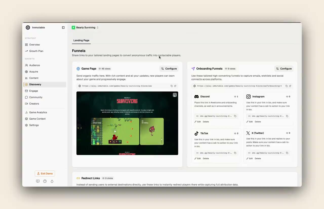 Immutable Conversion Funnel product screenshot showing captured email, Discord, and wishlist audience unified in one dashboard