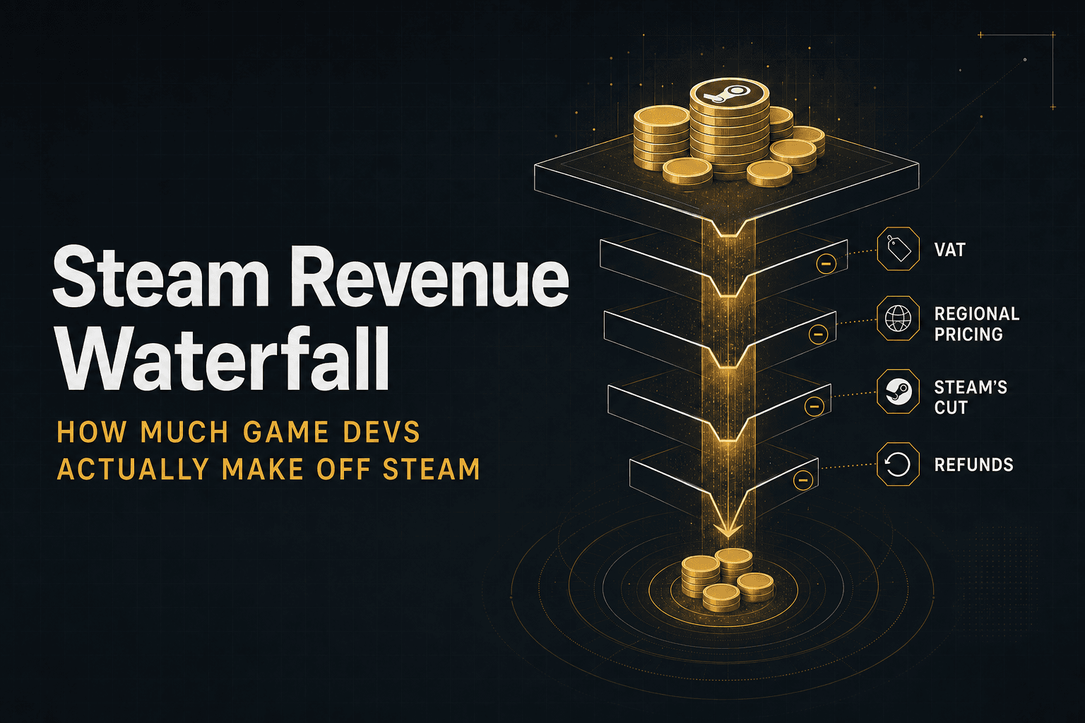 Steam Revenue Waterfall diagram: revenue flowing downward through four stacked deduction layers labeled VAT, Regional Pricing, Steam's Cut, Refunds, ending in a smaller gold coin pile at the base
