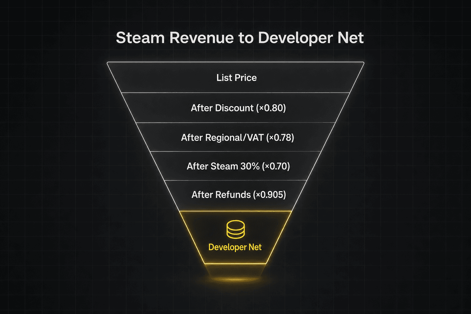 Funnel diagram with five deduction stages narrowing top to bottom: list price, after discount, after regional/VAT, after Steam's 30%, after refunds, ending at developer net.