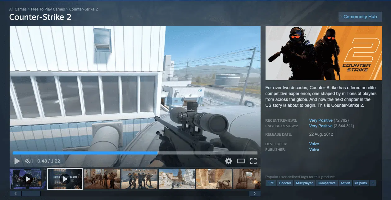 A Steam store page above the fold (Counter-Strike 2): trailer, carousel screenshots, short description, and tags