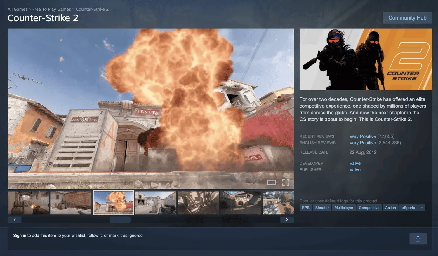 A Steam store page (Counter-Strike 2) showing capsule, trailer, screenshots, reviews, and tags