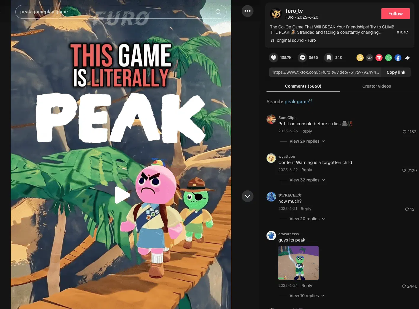 A TikTok message test for the co-op game PEAK with a bold 'This game is literally PEAK' hook and high engagement