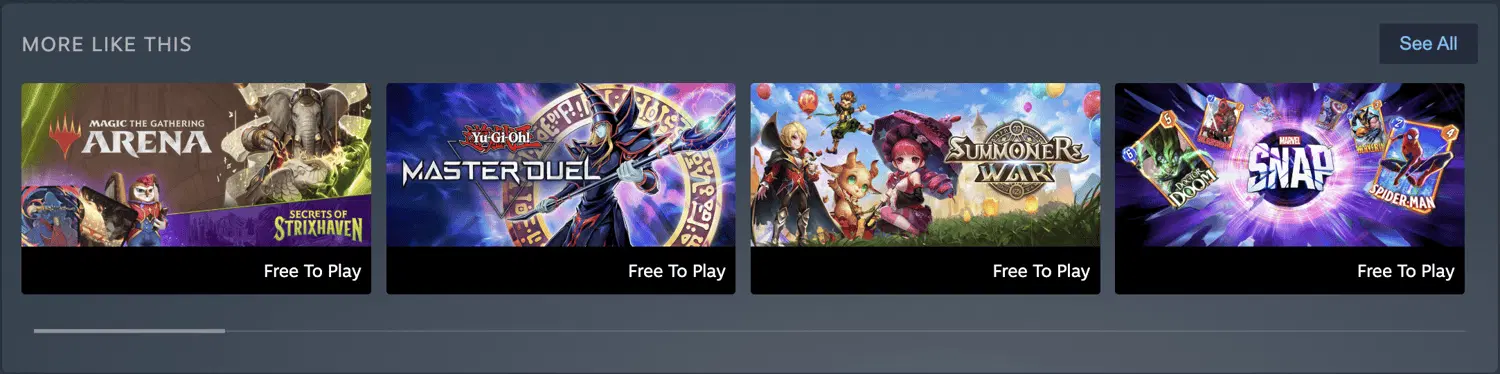 Steam 'More Like This' carousel showing comparable card and strategy titles