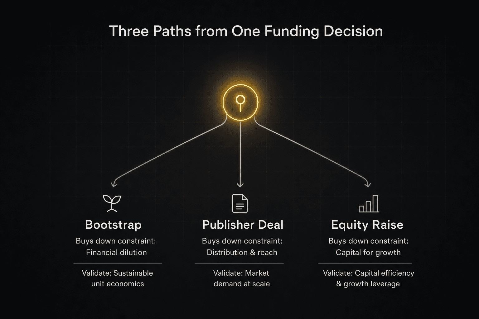Three diverging paths from a single funding decision: bootstrap (buys financial control), publisher deal (buys distribution and reach), and equity raise (buys capital for growth), each with a corresponding validation question