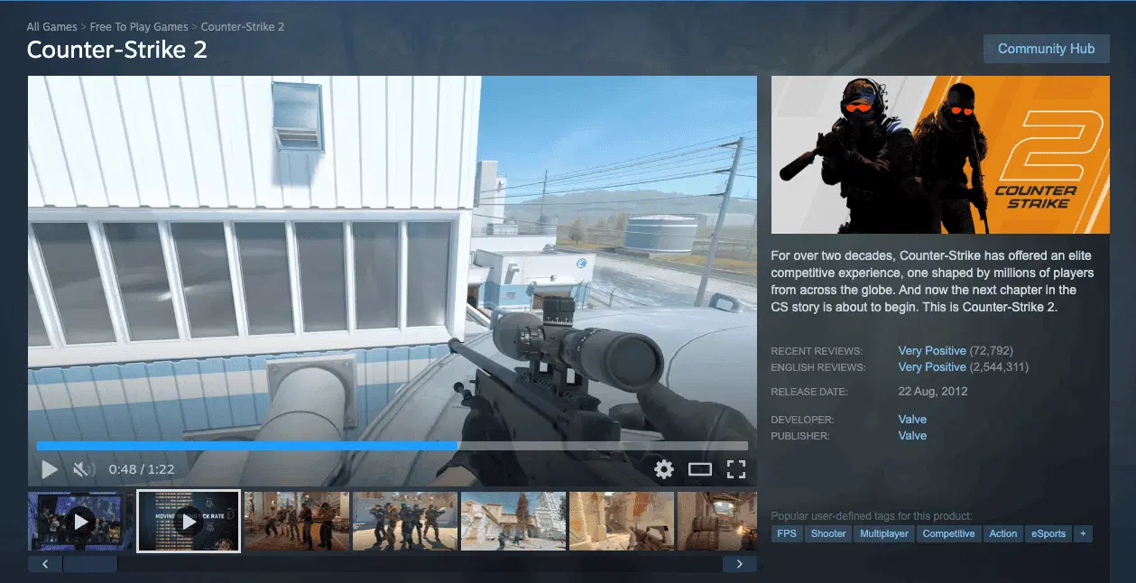 Steam store page above the fold — trailer, capsule art, tags, and short description visible without scrolling