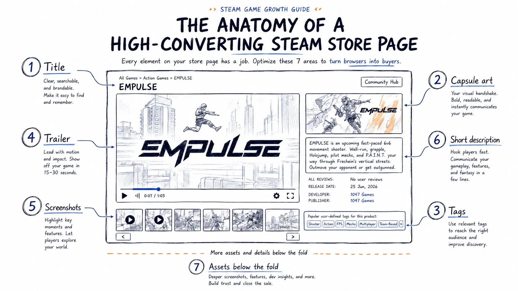 The anatomy of a high-converting Steam store page — the seven elements: title, capsule art, trailer, screenshots, short description, tags, and below-the-fold assets