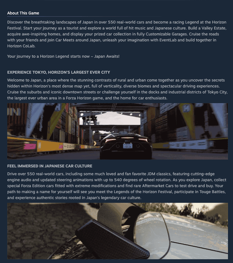 Steam store page below the fold — About This Game section with inline screenshots and descriptive copy