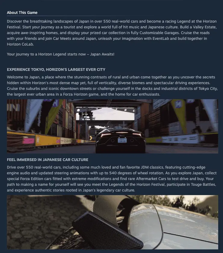 Steam store page below the fold — About This Game section with inline screenshots and descriptive copy