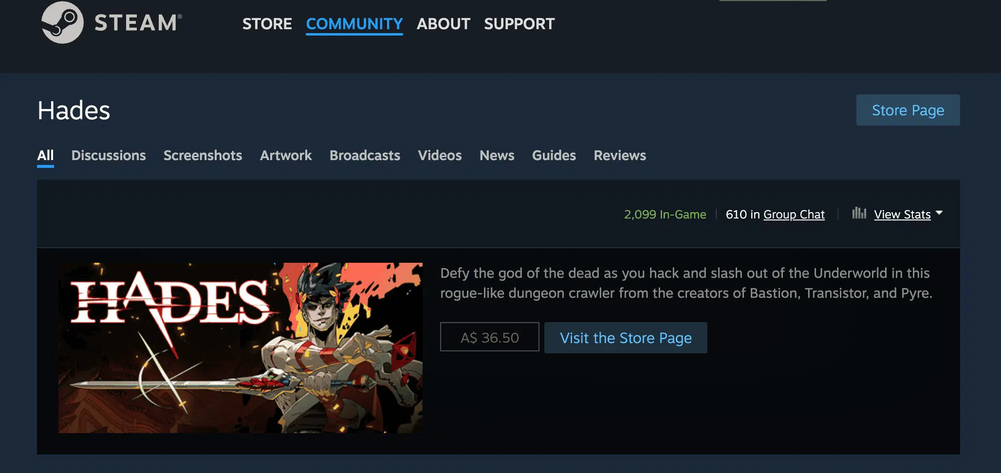 Steam Community Hub showing discussions, guides, and player activity