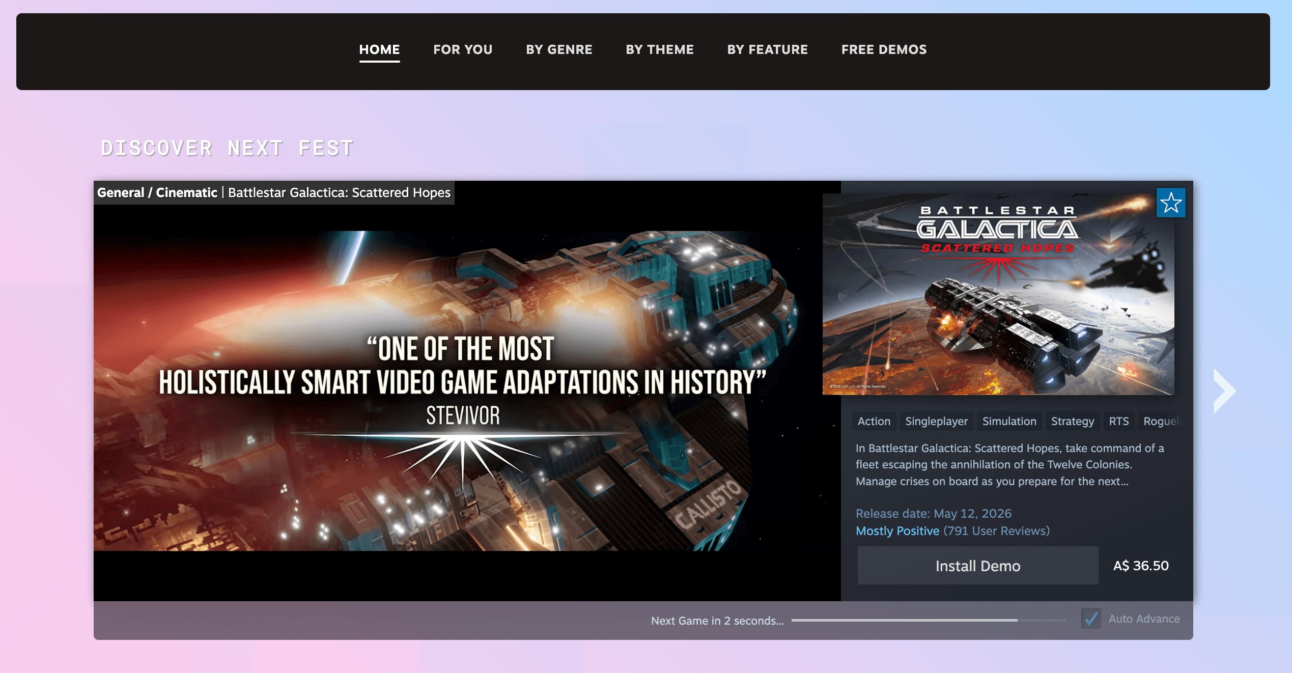 Steam Next Fest event page showing organic discovery carousels organised by genre and player taste